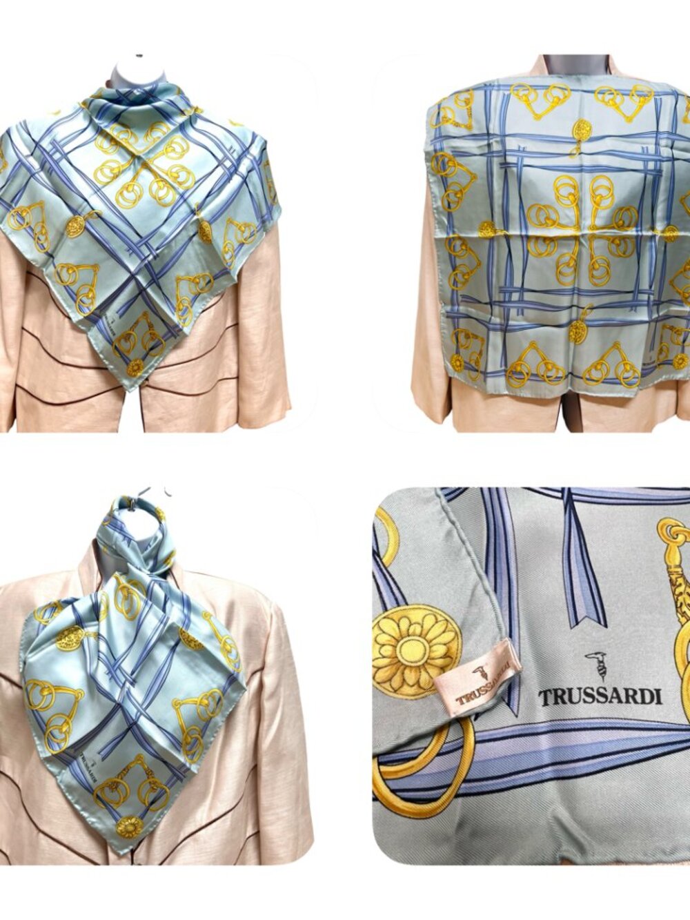 (2) Never Won TRUSSARDI Scarf Silk 20-22.5" Blue White Gold Chain ( 65) - Picture 7 of 14